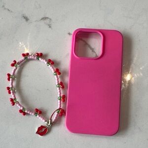 iPhone 15 pro- Pink Phone Case with Cherry Beaded Bracelet